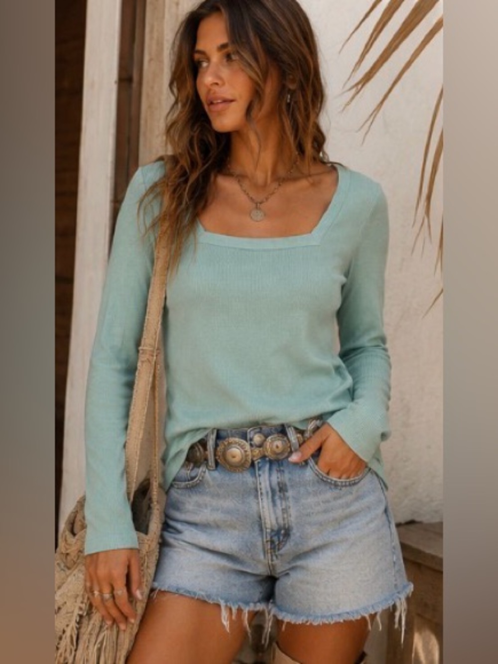 Vine & Love Ribbed Square Neck Long Sleeve Top – Mint Green – Size Small